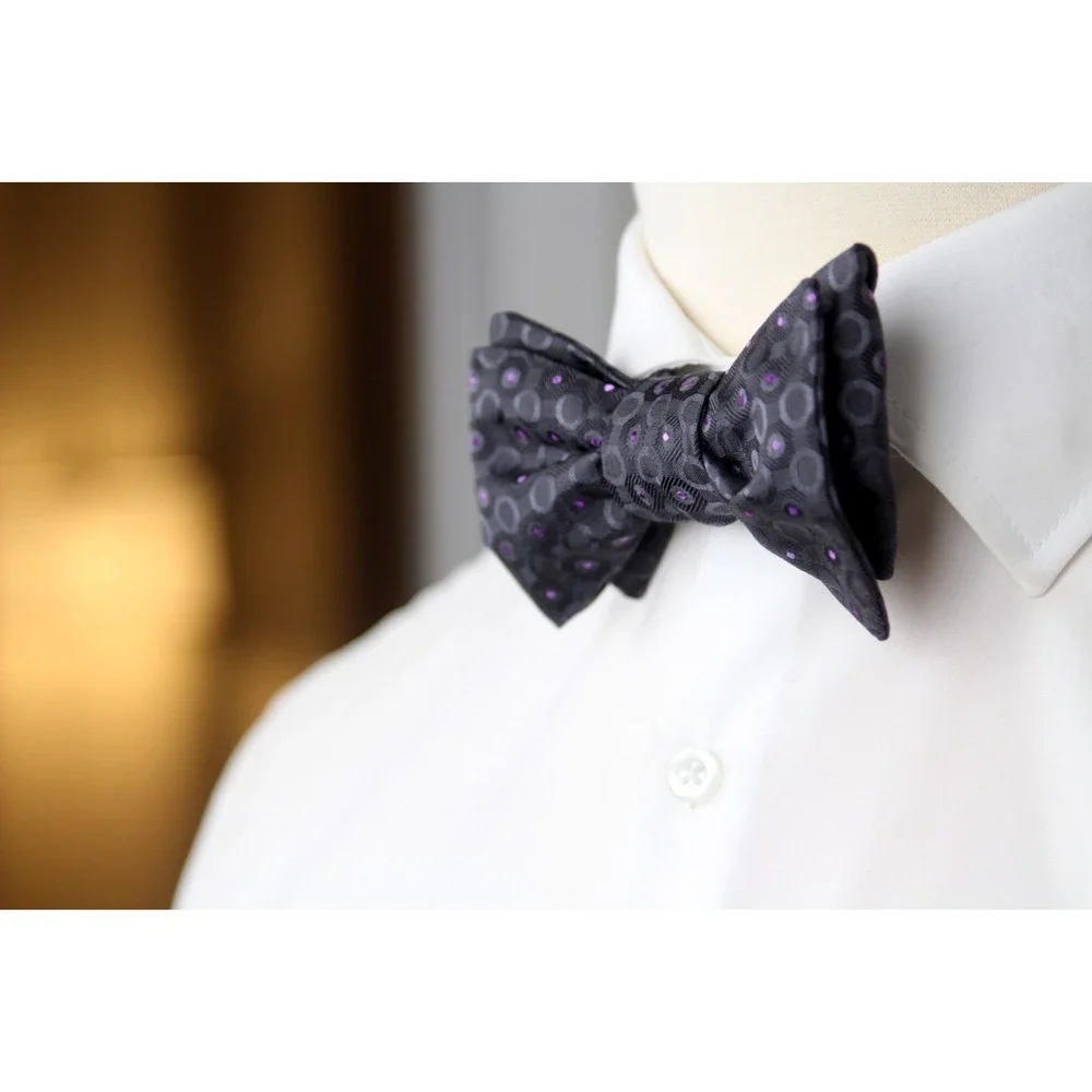 Men's Self-tied Bow‎ Tie 100%Silk Grey Purple Ornament S732BC